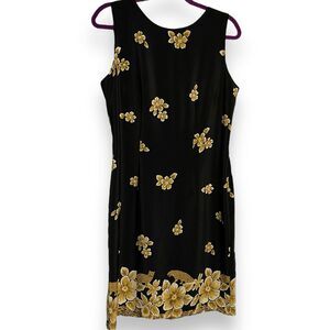 Betsy Lauren Midi Length Shift Dress Women 10 Black Gold Floral Leopard Academia